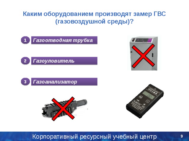Каким оборудованием производят замер ГВС (газовоздушной среды)? 1 Газоотводная трубка 2 Газоуловитель 3 Газоанализатор Корпоративный ресурсный учебный центр 5 