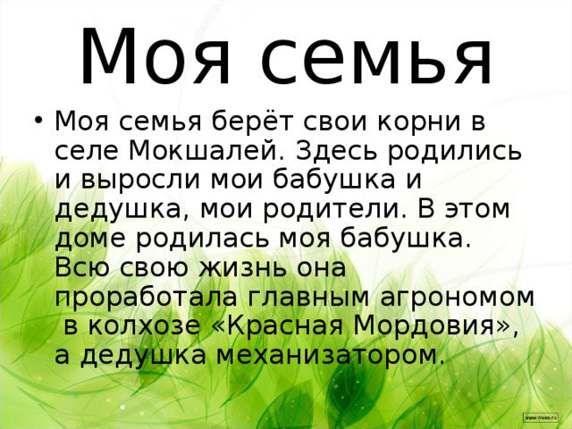 Моя семья Моя семья берёт свои корни в селе Мокшалей. Здесь родились и выросли мои бабушка и дедушка, мои родители. В этом доме родилась моя бабушка. Всю свою жизнь она проработала главным агрономом в колхозе «Красная Мордовия», а дедушка механизатором. 
