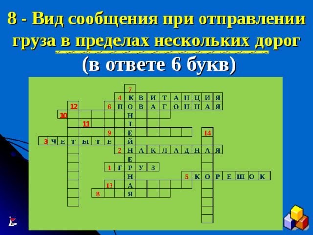 8 - Вид сообщения при отправлении груза в пределах нескольких дорог  (в ответе 6 букв) 