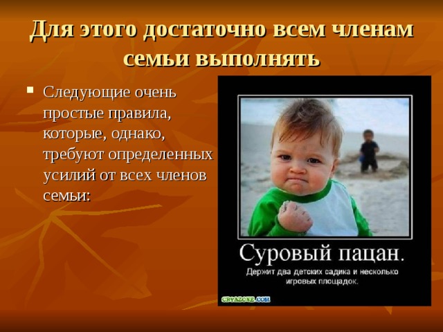 Для этого достаточно всем членам семьи выполнять Следующие очень простые правила, которые, однако, требуют определенных усилий от всех членов семьи: 