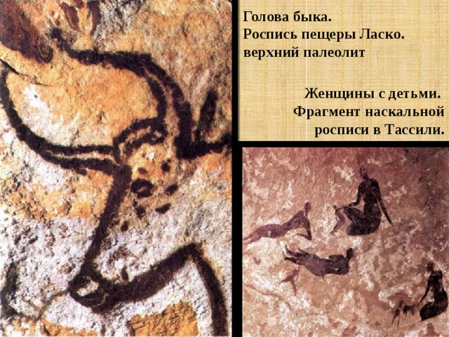 Голова быка.  Роспись пещеры Ласко.  верхний палеолит Женщины с детьми. Фрагмент наскальной росписи в Тассили. 