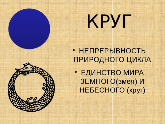 КРУГ НЕПРЕРЫВНОСТЬ ПРИРОДНОГО ЦИКЛА ЕДИНСТВО МИРА ЗЕМНОГО(змея) И НЕБЕСНОГО (круг) 