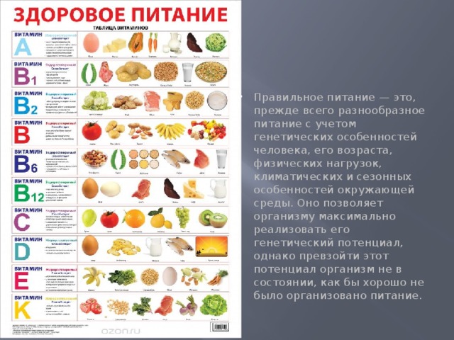 Правильное питание — это, прежде всего разнообразное питание с учетом генетических особенностей человека, его возраста, физических нагрузок, климатических и сезонных особенностей окружающей среды. Оно позволяет организму максимально реализовать его генетический потенциал, однако превзойти этот потенциал организм не в состоянии, как бы хорошо не было организовано питание. 