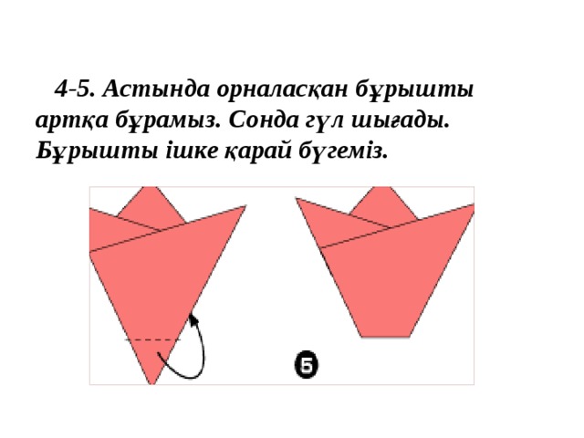  4-5. Астында орналасқан бұрышты артқа бұрамыз. Сонда гүл шығады. Бұрышты ішке қарай бүгеміз. 