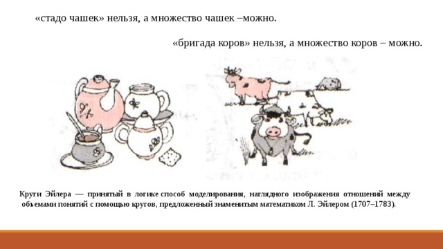 «стадо чашек» нельзя, а множество чашек –можно. «бригада коров» нельзя, а множество коров – можно. Круги Эйлера — принятый в логике способ моделирования, наглядного изображения отношений между объемами понятий с помощью кругов, предложенный знаменитым математиком Л. Эйлером (1707–1783). 
