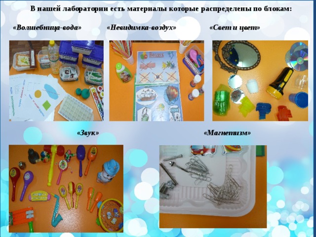 В нашей лаборатории есть материалы которые распределены по блокам:  «Волшебница-вода» «Невидимка-воздух» «Свет и цвет»           «Звук» «Магнетизм»        