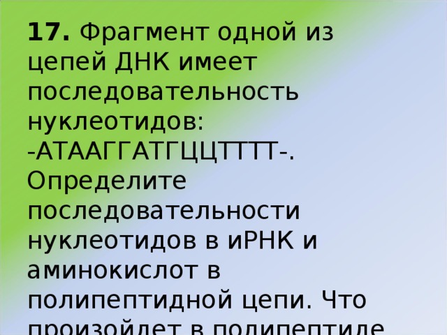 17. Фрагмент одной из цепей ДНК имеет последовательность нуклеотидов: -АТААГГАТГЦЦТТТТ-. Определите последовательности нуклеотидов в иРНК и аминокислот в полипептидной цепи. Что произойдет в полипептиде, если в результате мутации во фрагменте гена выпадет второй триплет нуклеотидов?   