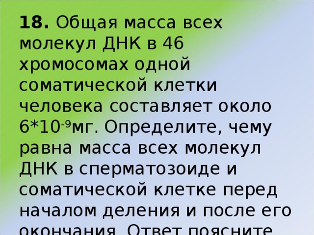 18. Общая масса всех молекул ДНК в 46 хромосомах одной соматической клетки человека составляет около 6*10 -9 мг. Определите, чему равна масса всех молекул ДНК в сперматозоиде и соматической клетке перед началом деления и после его окончания. Ответ поясните 