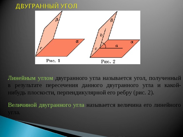 Линейным углом двугранного угла называется угол, полученный в результате пересечения данного двугранного угла и какой-нибудь плоскости, перпендикулярной его ребру (рис. 2). В режиме слайдов ответ появляется после кликанья мышкой. Величиной двугранного угла называется величина его линейного угла. 2 