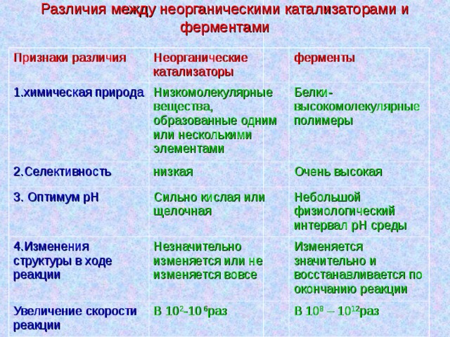 Различия между неорганическими катализаторами и ферментами Признаки различия Неорганические катализаторы 1.химическая природа ферменты Низкомолекулярные вещества, образованные одним или несколькими элементами 2.Селективность Белки- высокомолекулярные полимеры низкая 3. Оптимум рН 4.Изменения структуры в ходе реакции Очень высокая Сильно кислая или щелочная Небольшой физиологический интервал рН среды Незначительно изменяется или не изменяется вовсе Увеличение скорости реакции Изменяется значительно и восстанавливается по окончанию реакции В 10 2 -10 6 раз В 10 8 – 10 12 раз 