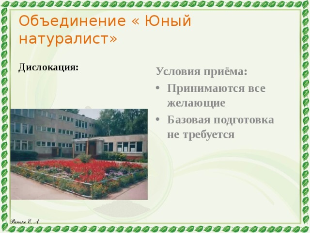 Объединение « Юный натуралист» Дислокация: МБОУ СШ №9 Условия приёма: Принимаются все желающие Базовая подготовка не требуется 