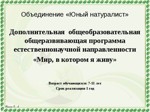 Объединение «Юный натуралист» Дополнительная  общеобразовательная общеразвивающая программа естественнонаучной направленности «Мир, в котором я живу»   Возраст обучающихся: 7-11 лет Срок реализации 1 год 