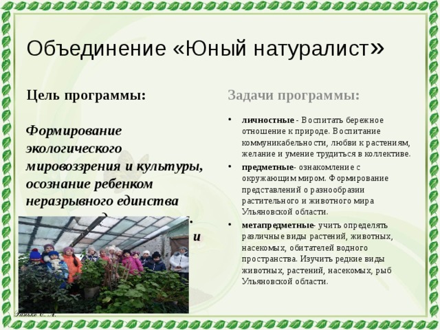 Объединение «Юный натуралист » Цель программы: Задачи программы: Формирование экологического мировоззрения и культуры, осознание ребенком неразрывного единства мира природы и человека. Развить чувство заботы и бережного отношения к природе. личностные - Воспитать бережное отношение к природе. Воспитание коммуникабельности, любви к растениям, желание и умение трудиться в коллективе. предметные- ознакомление с окружающим миром. Формирование представлений о разнообразии растительного и животного мира Ульяновской области. метапредметные- учить определять различные виды растений, животных, насекомых, обитателей водного пространства. Изучить редкие виды животных, растений, насекомых, рыб Ульяновской области. 