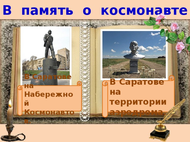 В память о космонавте В Саратове на территории аэродрома. В Саратове на Набережной Космонавтов. 