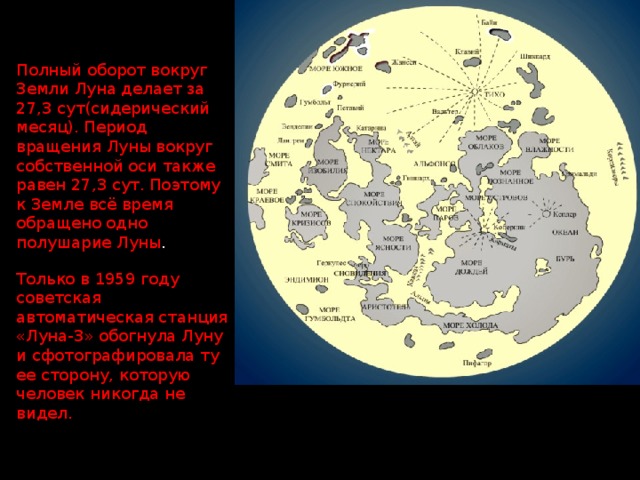 Полный оборот вокруг Земли Луна делает за 27,3 сут(сидерический месяц). Период вращения Луны вокруг собственной оси также равен 27,3 сут. Поэтому к Земле всё время обращено одно полушарие Луны . Только в 1959 году советская автоматическая станция «Луна-3» обогнула Луну и сфотографировала ту ее сторону, которую человек никогда не видел. 