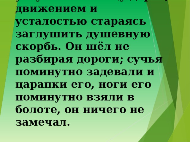 12. Между тем … углубился в чащу дерев, движением и усталостью стараясь заглушить душевную скорбь. Он шёл не разбирая дороги; сучья поминутно задевали и царапки его, ноги его поминутно взяли в болоте, он ничего не замечал. 