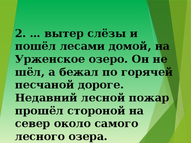 2. … вытер слёзы и пошёл лесами домой, на Урженское озеро. Он не шёл, а бежал по горячей песчаной дороге. Недавний лесной пожар прошёл стороной на север около самого лесного озера. 