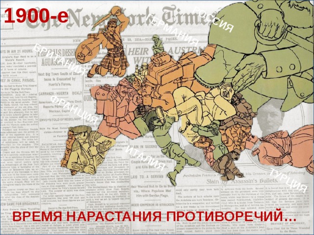 1900-е ФРАНЦИЯ ГЕРМАНИЯ БРИТАНИЯ ИТАЛИЯ ТУРЦИЯ РОССИЯ Знакомим с самой общей периодизацией эпохи и мотивируем ВРЕМЯ НАРАСТАНИЯ ПРОТИВОРЕЧИЙ…