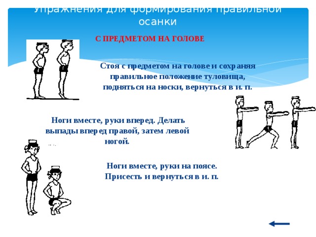 Упражнения для формирования правильной осанки С ПРЕДМЕТОМ НА ГОЛОВЕ Стоя с предметом на голове и сохраняя правильное положение туловища, подняться на носки, вернуться в и. п.   Ноги вместе, руки вперед. Делать выпады вперед правой, затем левой ногой. Ноги вместе, руки на поясе. Присесть и вернуться в и. п. 