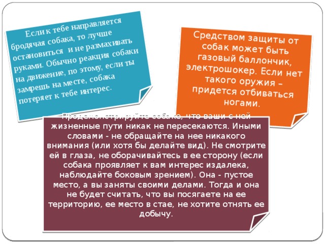  Если к тебе направляется бродячая собака, то лучше остановиться и не размахивать руками. Обычно реакция собаки на движение, по этому, если ты замрешь на месте, собака потеряет к тебе интерес. Средством защиты от собак может быть газовый баллончик, электрошокер. Если нет такого оружия – придется отбиваться ногами. Продемонстрируйте собаке, что ваши с ней жизненные пути никак не пересекаются. Иными словами - не обращайте на нее никакого внимания (или хотя бы делайте вид). Не смотрите ей в глаза, не оборачивайтесь в ее сторону (если собака проявляет к вам интерес издалека, наблюдайте боковым зрением). Она - пустое место, а вы заняты своими делами. Тогда и она не будет считать, что вы посягаете на ее территорию, ее место в стае, не хотите отнять ее добычу. 