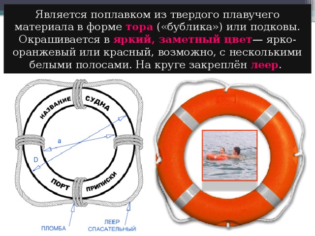 Является поплавком из твердого плавучего материала в форме тора  («бублика») или подковы. Окрашивается в яркий, заметный цвет — ярко-оранжевый или красный, возможно, с несколькими белыми полосами. На круге закреплён леер . 