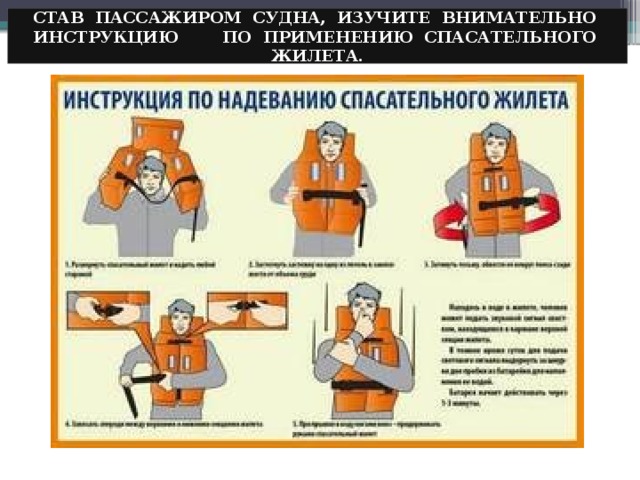 СТАВ ПАССАЖИРОМ СУДНА, ИЗУЧИТЕ ВНИМАТЕЛЬНО ИНСТРУКЦИЮ ПО ПРИМЕНЕНИЮ СПАСАТЕЛЬНОГО ЖИЛЕТА. 