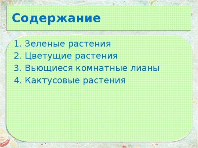 Содержание Зеленые растения Цветущие растения Вьющиеся комнатные лианы Кактусовые растения 