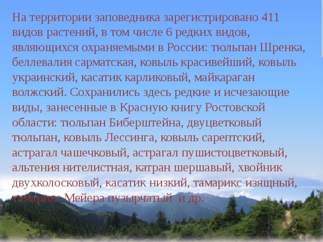 На территории заповедника зарегистрировано 411 видов растений, в том числе 6 редких видов, являющихся охраняемыми в России: тюльпан Шренка, беллевалия сарматская, ковыль красивейший, ковыль украинский, касатик карликовый, майкараган волжский. Сохранились здесь редкие и исчезающие виды, занесенные в Красную книгу Ростовской области: тюльпан Биберштейна, двуцветковый тюльпан, ковыль Лессинга, ковыль сарептский, астрагал чашечковый, астрагал пушистоцветковый,  альтения нителистная, катран шершавый, хвойник двухколосковый, касатик низкий, тамарикс изящный, тамарикс Мейера пузырчатый и др. 