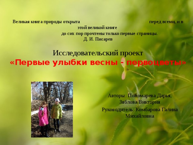   Великая книга природы открыта перед всеми, и в этой великой книге  до сих пор прочтены только первые страницы.  Д. И. Писарев   Исследовательский проект  «Первые улыбки весны - первоцветы»   Авторы: Пономарева Дарья, Зяблова Виктория Руководитель: Комбарова Галина Михайловна 