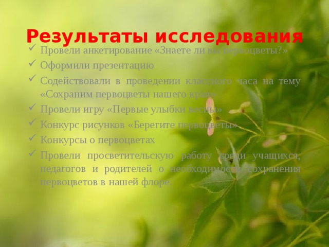  Результаты исследования   Провели анкетирование «Знаете ли вы первоцветы?» Оформили презентацию Содействовали в проведении классного часа на тему «Сохраним первоцветы нашего края» Провели игру «Первые улыбки весны» Конкурс рисунков «Берегите первоцветы» Конкурсы о первоцветах Провели просветительскую работу среди учащихся, педагогов и родителей о необходимости сохранения первоцветов в нашей флоре.  