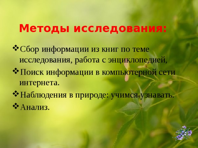 Методы исследования: Сбор информации из книг по теме исследования, работа с энциклопедией, Поиск информации в компьютерной сети интернета. Наблюдения в природе: учимся узнавать. Анализ. 