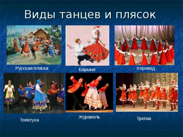 Виды танцев и плясок Русская пляска Хоровод    Барыня Журавель Трепак Топотуха 