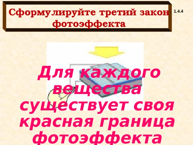 Сформулируйте третий закон фотоэффекта 1.4.4  Для каждого вещества существует своя красная граница фотоэффекта 