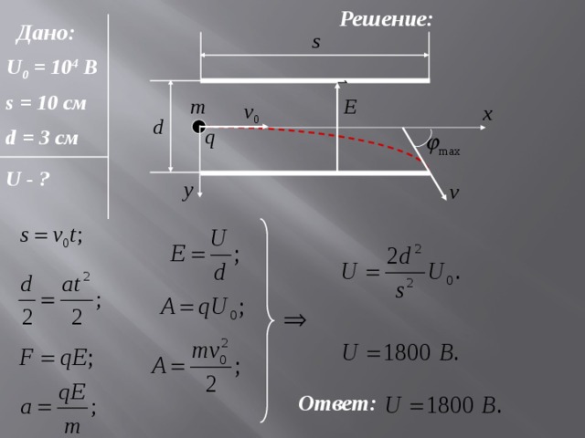 Решение: Дано: U 0 = 10 4 В s = 10 см d = 3 см U - ? Ответ: 
