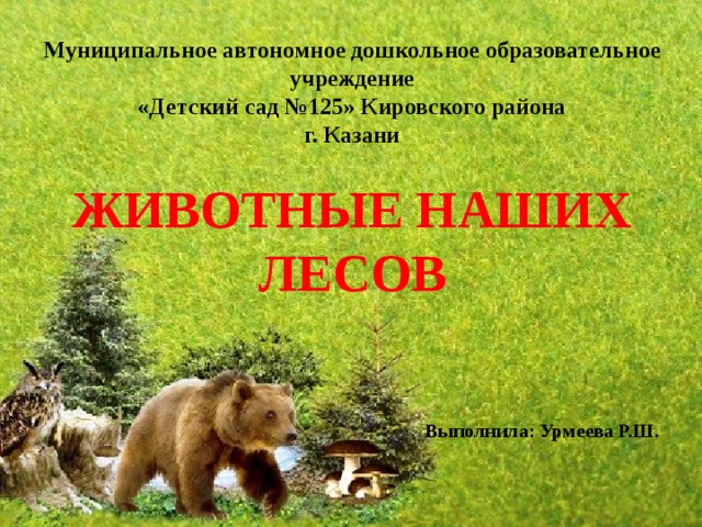    Муниципальное автономное дошкольное образовательное учреждение  «Детский сад №125» Кировского района  г. Казани   ЖИВОТНЫЕ НАШИХ ЛЕСОВ         Выполнила: Урмеева Р.Ш.    