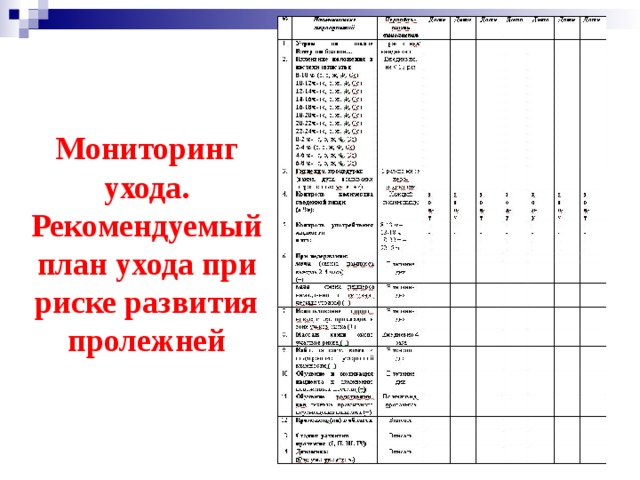 Мониторинг ухода.  Рекомендуемый план ухода при риске развития пролежней 