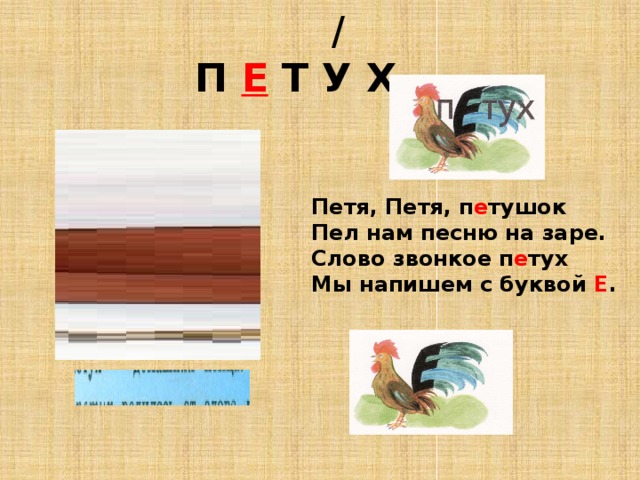  /  П Е Т У Х Петя, Петя, п е тушок Пел нам песню на заре. Слово звонкое п е тух Мы напишем с буквой Е . 