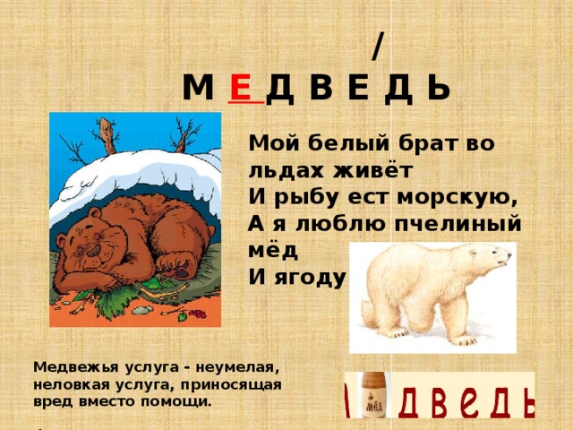 /  М Е Д В Е Д Ь Мой белый брат во льдах живёт И рыбу ест морскую, А я люблю пчелиный мёд И ягоду лесную. Медвежья услуга - неумелая, неловкая услуга, приносящая вред вместо помощи.  фразеологизм 