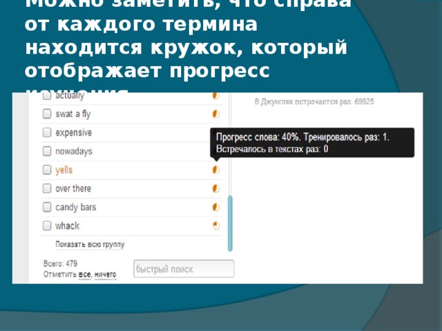 Можно заметить, что справа от каждого термина находится кружок, который отображает прогресс изучения.   