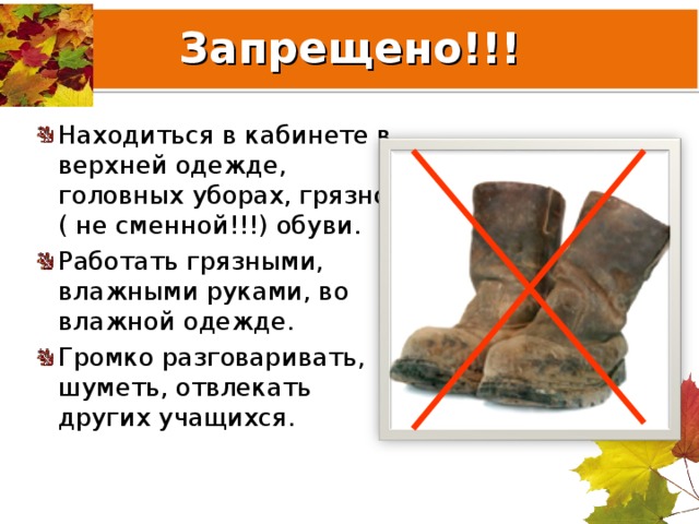 Запрещено!!! Находиться в кабинете в верхней одежде, головных уборах, грязной ( не сменной!!!) обуви. Работать грязными, влажными руками, во влажной одежде. Громко разговаривать, шуметь, отвлекать других учащихся.  