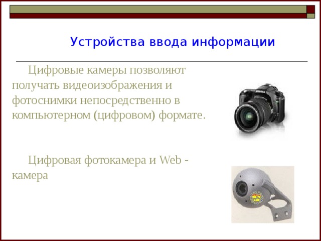 Устройства ввода информации  Цифровые камеры позволяют получать видеоизображения и фотоснимки непосредственно в компьютерном (цифровом) формате.  Цифровая фотокамера и Web - камера 