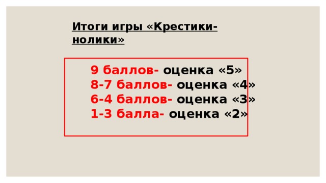 Итоги игры «Крестики-нолики» 9 баллов- оценка «5» 8-7 баллов- оценка «4» 6-4 баллов- оценка «3» 1-3 балла- оценка «2» 