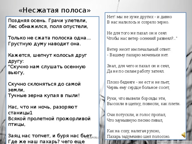 «Несжатая полоса» Нет! мы не хуже других - и давно  В нас налилось и созрело зерно.   Не для того же пахал он и сеял  Чтобы нас ветер осенний развеял?..