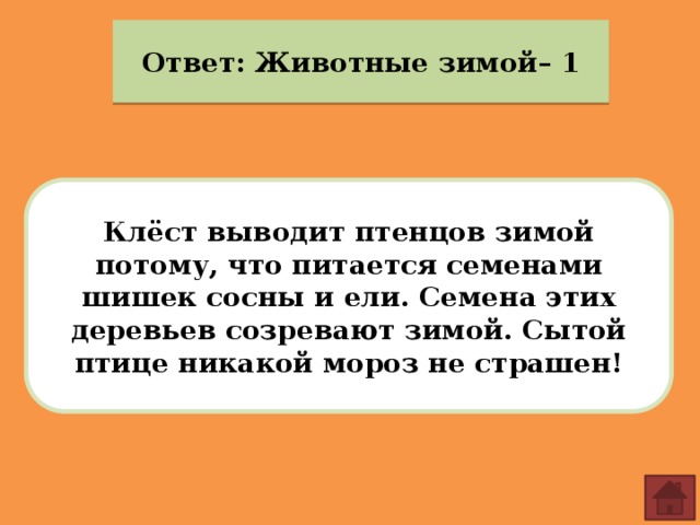 Ответ: Животные зимой– 1 Клёст выводит птенцов зимой потому, что питается семенами шишек сосны и ели. Семена этих деревьев созревают зимой. Сытой птице никакой мороз не страшен! 