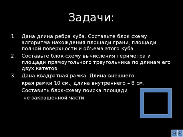 Задачи: Дана длина ребра куба. Составьте блок схему алгоритма нахождения площади грани, площади полной поверхности и объема этого куба. Составьте блок-схему вычисления периметра и площади прямоугольного треугольника по длинам его двух катетов. Дана квадратная рамка. Длина внешнего  края рамки 10 см., длина внутреннего – 8 см.  Составить блок-схему поиска площади   не закрашенной части. 