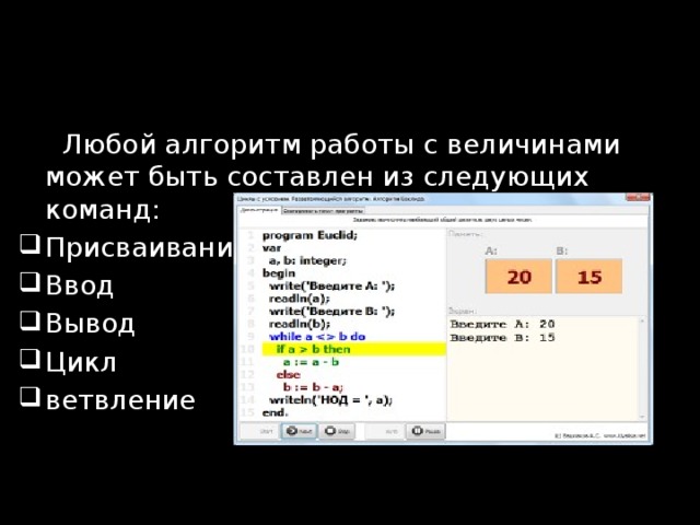  Любой алгоритм работы с величинами может быть составлен из следующих команд: Присваивание Ввод Вывод Цикл ветвление 