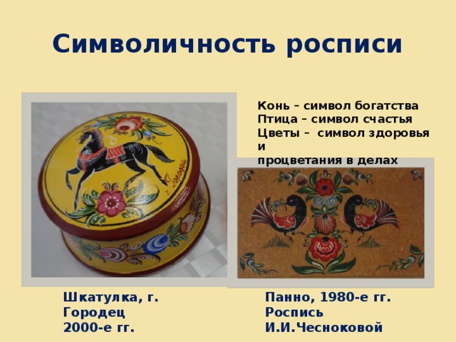 Символичность росписи Конь – символ богатства Птица – символ счастья Цветы – символ здоровья и процветания в делах Шкатулка, г. Городец Панно, 1980-е гг. 2000-е гг. Роспись И.И.Чесноковой 