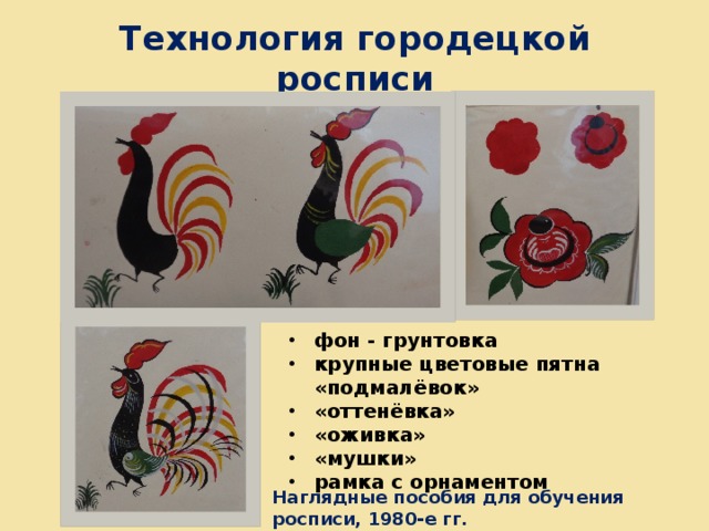 Технология городецкой росписи фон - грунтовка крупные цветовые пятна «подмалёвок» «оттенёвка» «оживка» «мушки» рамка с орнаментом Наглядные пособия для обучения росписи, 1980-е гг. 