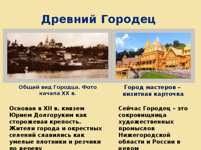 Древний Городец Город мастеров – визитная карточка Общий вид Городца. Фото начала ХХ в. Основан в ХII в. князем Юрием Долгоруким как сторожевая крепость. Сейчас Городец – это сокровищница художественных промыслов Нижегородской области и России в целом Жители города и окрестных селений славились как умелые плотники и резчики по дереву 