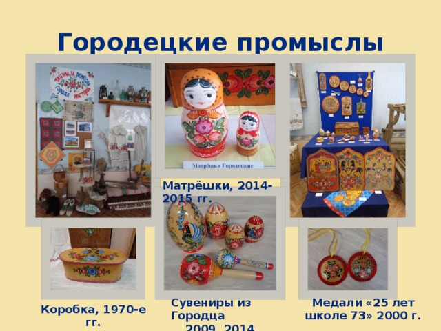 Городецкие промыслы Матрёшки, 2014-2015 гг. Сувениры из Городца Медали «25 лет школе 73» 2000 г. 2009, 2014, 2017 гг . Коробка, 1970-е гг. 